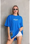 Kadın Bisiklet Yaka Baskılı Oversize T-shirt - Mavi