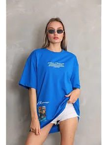 Kadın Bisiklet Yaka Baskılı Oversize T-shirt - Mavi