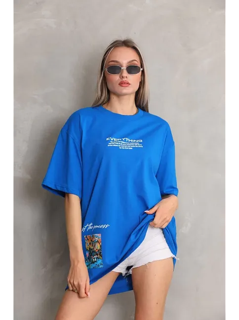Kadın Bisiklet Yaka Baskılı Oversize T-shirt - Mavi