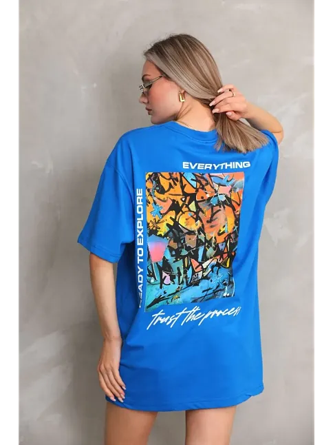 Kadın Bisiklet Yaka Baskılı Oversize T-shirt - Mavi