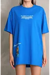 Kadın Bisiklet Yaka Baskılı Oversize T-shirt - Mavi