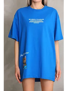 Kadın Bisiklet Yaka Baskılı Oversize T-shirt - Mavi
