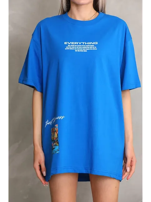 Kadın Bisiklet Yaka Baskılı Oversize T-shirt - Mavi