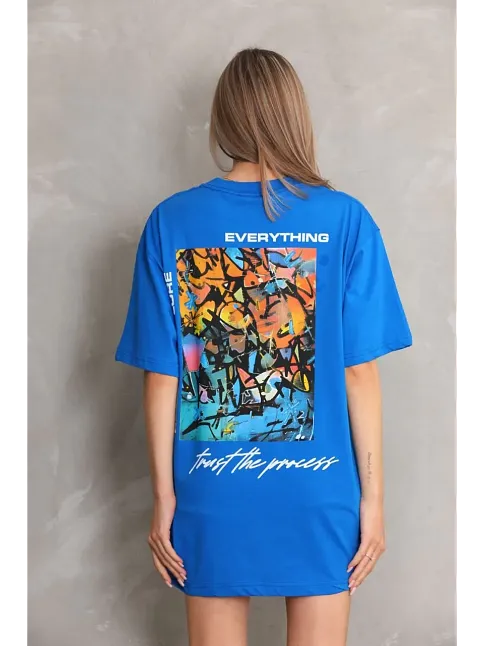 Kadın Bisiklet Yaka Baskılı Oversize T-shirt - Mavi