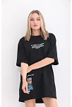 Kadın  Bisiklet Yaka Baskılı Oversize T-shirt - Siyah