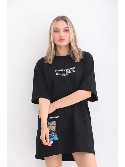 Kadın  Bisiklet Yaka Baskılı Oversize T-shirt - Siyah