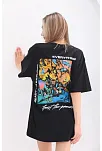 Kadın  Bisiklet Yaka Baskılı Oversize T-shirt - Siyah