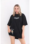 Kadın  Bisiklet Yaka Baskılı Oversize T-shirt - Siyah