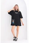 Kadın  Bisiklet Yaka Baskılı Oversize T-shirt - Siyah