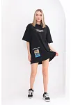 Kadın  Bisiklet Yaka Baskılı Oversize T-shirt - Siyah