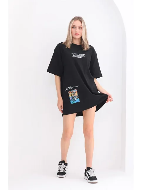 Kadın  Bisiklet Yaka Baskılı Oversize T-shirt - Siyah