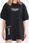 Kadın  Bisiklet Yaka Baskılı Oversize T-shirt - Siyah