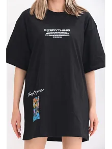 Kadın  Bisiklet Yaka Baskılı Oversize T-shirt - Siyah