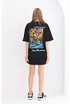 Kadın  Bisiklet Yaka Baskılı Oversize T-shirt - Siyah