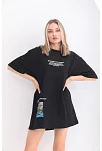 Kadın  Bisiklet Yaka Baskılı Oversize T-shirt - Siyah