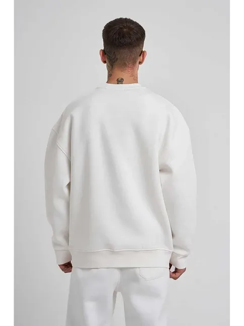 Erkek Bisikilet Yaka 3 Plik Pamuklu Sweatshirt - Beyaz