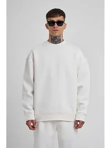 Erkek Bisikilet Yaka 3 Plik Pamuklu Sweatshirt - Beyaz