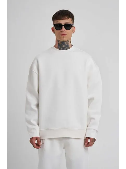 Erkek Bisikilet Yaka 3 Plik Pamuklu Sweatshirt - Beyaz
