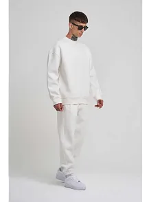 Erkek Bisikilet Yaka 3 Plik Pamuklu Sweatshirt - Beyaz
