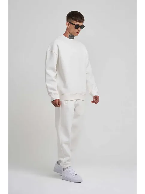 Erkek Bisikilet Yaka 3 Plik Pamuklu Sweatshirt - Beyaz