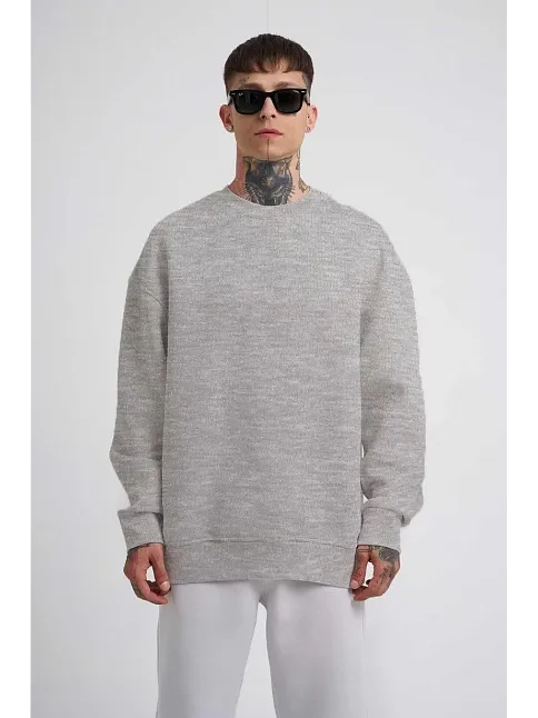Erkek Bisikilet Yaka 3 İplik Pamuklu Sweatshirt - Gri