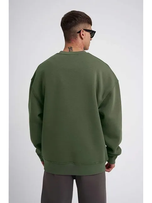 Erkek Bisikilet Yaka 3 İplik Pamuklu Sweatshirt - Haki
