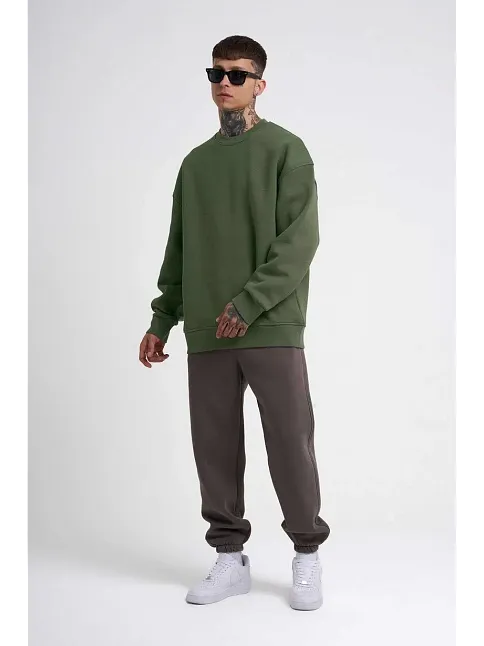 Erkek Bisikilet Yaka 3 İplik Pamuklu Sweatshirt - Haki