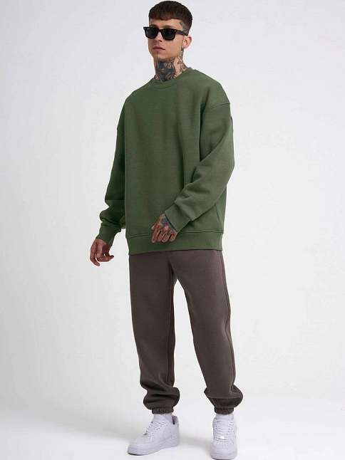 Erkek Bisikilet Yaka 3 İplik Pamuklu Sweatshirt - Haki