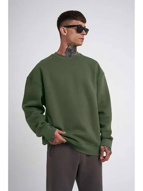 Erkek Bisikilet Yaka 3 İplik Pamuklu Sweatshirt - Haki