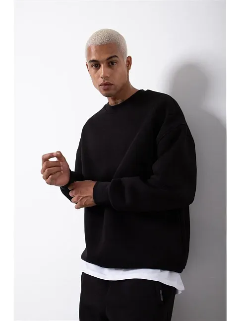Erkek Bisikilet Yaka 3 İplik Pamuklu Sweatshirt - Siyah