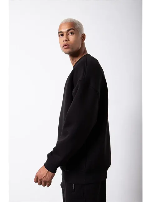 Erkek Bisikilet Yaka 3 İplik Pamuklu Sweatshirt - Siyah