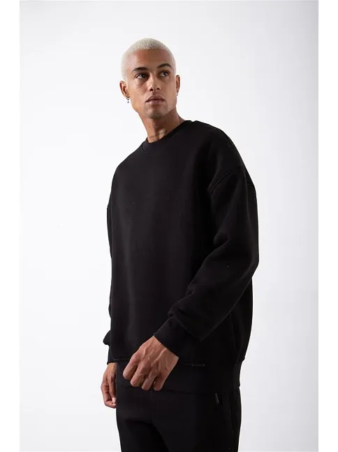 Erkek Bisikilet Yaka 3 İplik Pamuklu Sweatshirt - Siyah