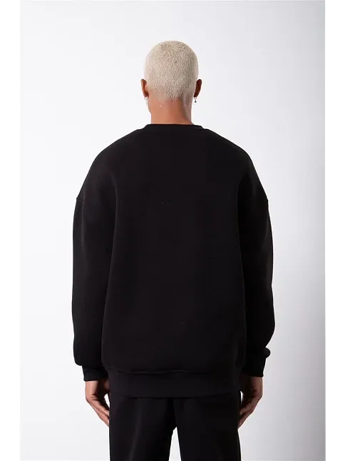 Erkek Bisikilet Yaka 3 İplik Pamuklu Sweatshirt - Siyah