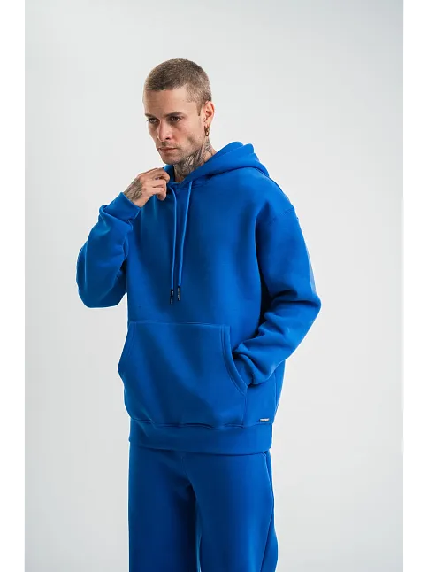 Erkek 3 İplik Oversize Kapşonlu Basic Sweatshirt Hoodie - Mavi