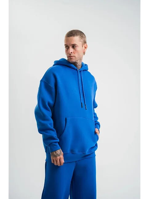 Erkek 3 İplik Oversize Kapşonlu Basic Sweatshirt Hoodie - Mavi