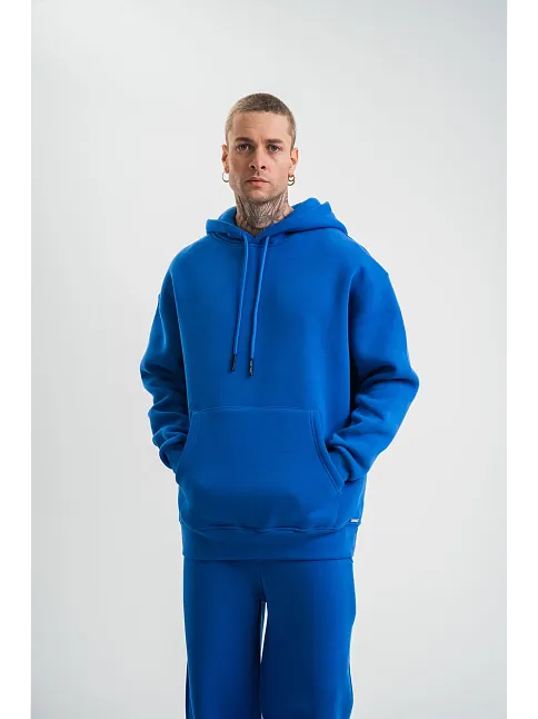 Erkek 3 İplik Oversize Kapşonlu Basic Sweatshirt Hoodie - Mavi