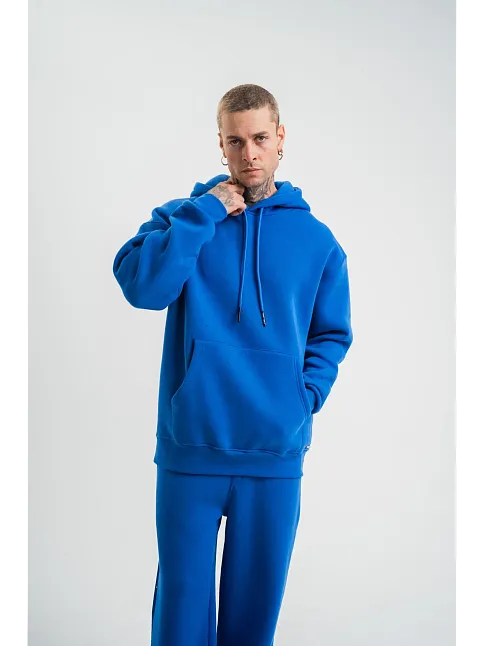 Erkek 3 İplik Oversize Kapşonlu Basic Sweatshirt Hoodie - Mavi