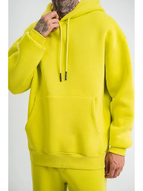 Erkek 3 İplik Pamuklu Oversize Kapşonlu Sweatshirt Hoodie - Sarı