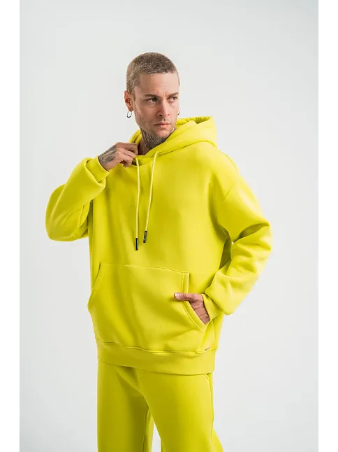 Erkek 3 İplik Pamuklu Oversize Kapşonlu Sweatshirt Hoodie - Sarı