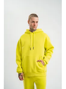 Erkek 3 İplik Pamuklu Oversize Kapşonlu Sweatshirt Hoodie - Sarı
