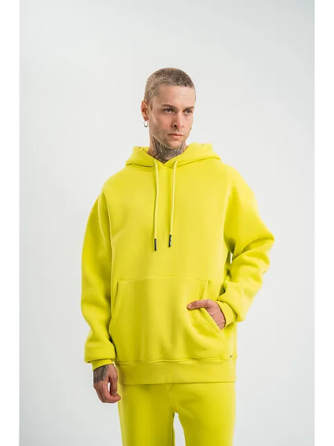 Erkek 3 İplik Pamuklu Oversize Kapşonlu Sweatshirt Hoodie - Sarı