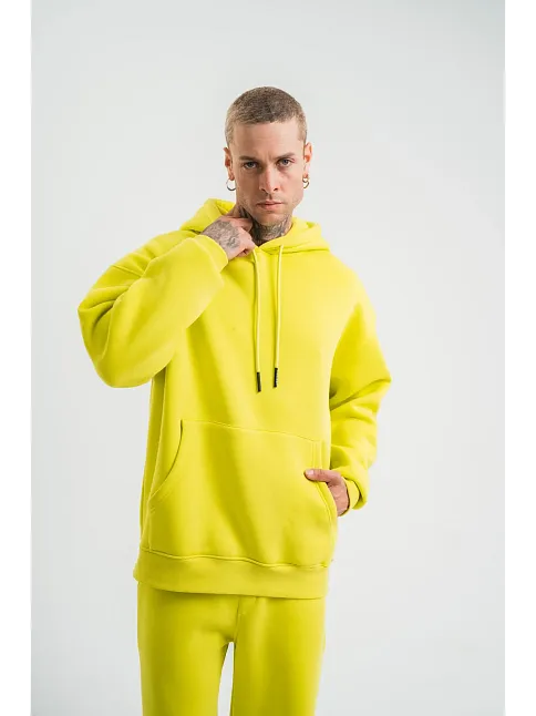 Erkek 3 İplik Pamuklu Oversize Kapşonlu Sweatshirt Hoodie - Sarı
