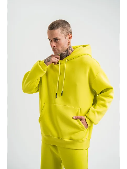 Erkek 3 İplik Pamuklu Oversize Kapşonlu Sweatshirt Hoodie - Sarı