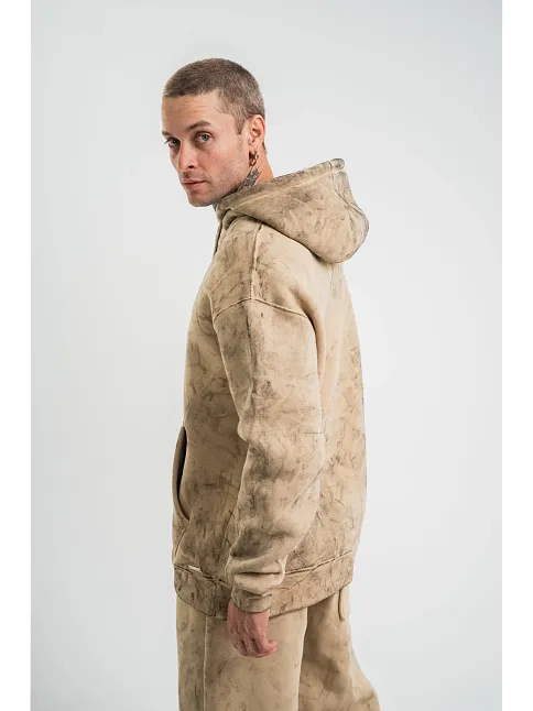 Erkek 3 İplik Pamuklu Oversize Kapüşonlu Yıkamalı Hoodie Sweatshirt - Bej
