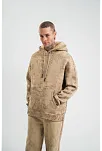 Erkek 3 İplik Pamuklu Oversize Kapüşonlu Yıkamalı Hoodie Sweatshirt - Bej