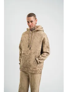 Erkek 3 İplik Pamuklu Oversize Kapüşonlu Yıkamalı Hoodie Sweatshirt - Bej