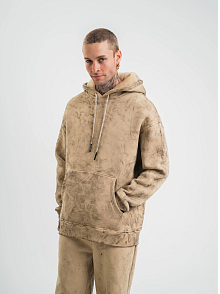 Erkek 3 İplik Pamuklu Oversize Kapüşonlu Yıkamalı Hoodie Sweatshirt - Bej
