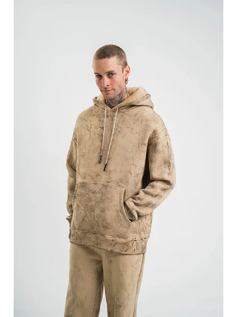 Erkek 3 İplik Pamuklu Oversize Kapüşonlu Yıkamalı Hoodie Sweatshirt - Bej