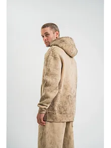 Erkek 3 İplik Pamuklu Oversize Kapüşonlu Yıkamalı Hoodie Sweatshirt - Bej