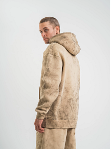 Erkek 3 İplik Pamuklu Oversize Kapüşonlu Yıkamalı Hoodie Sweatshirt - Bej